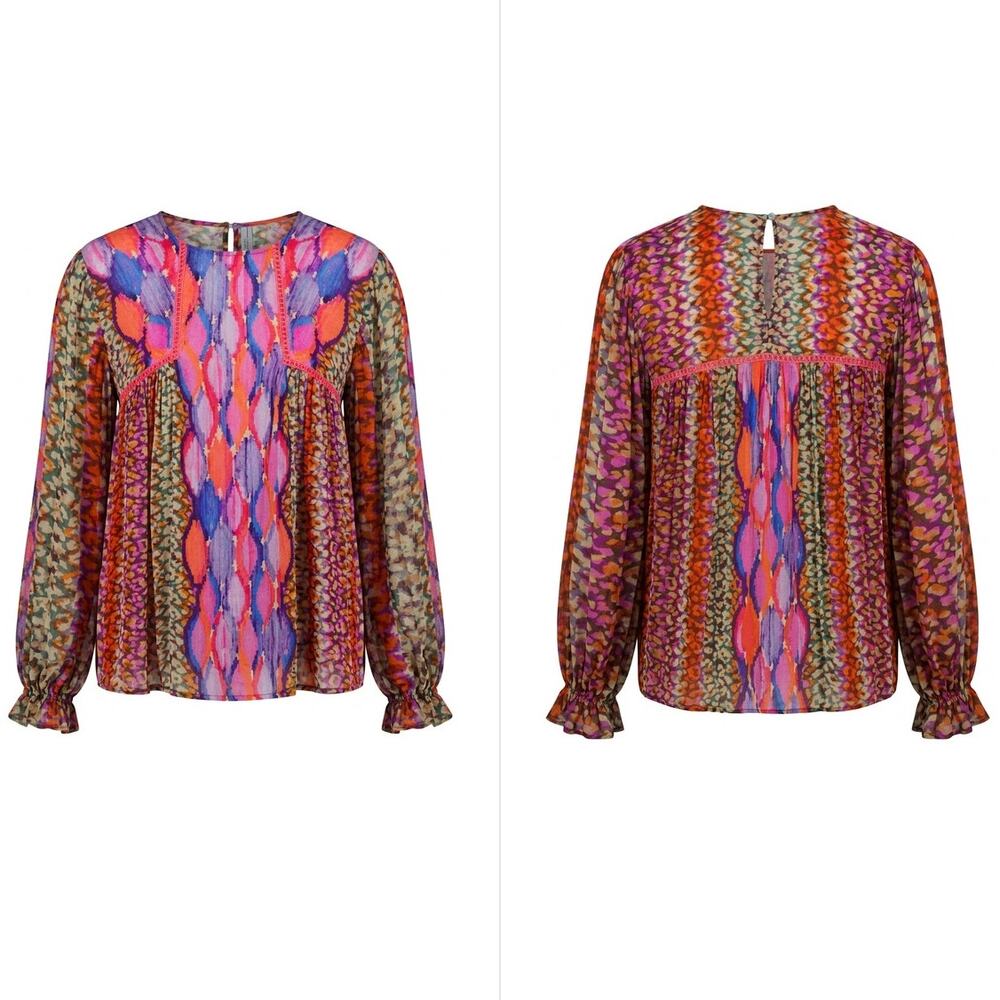 Blank London Mixed Print Ruffle Cuff Blouse Women See Measurements